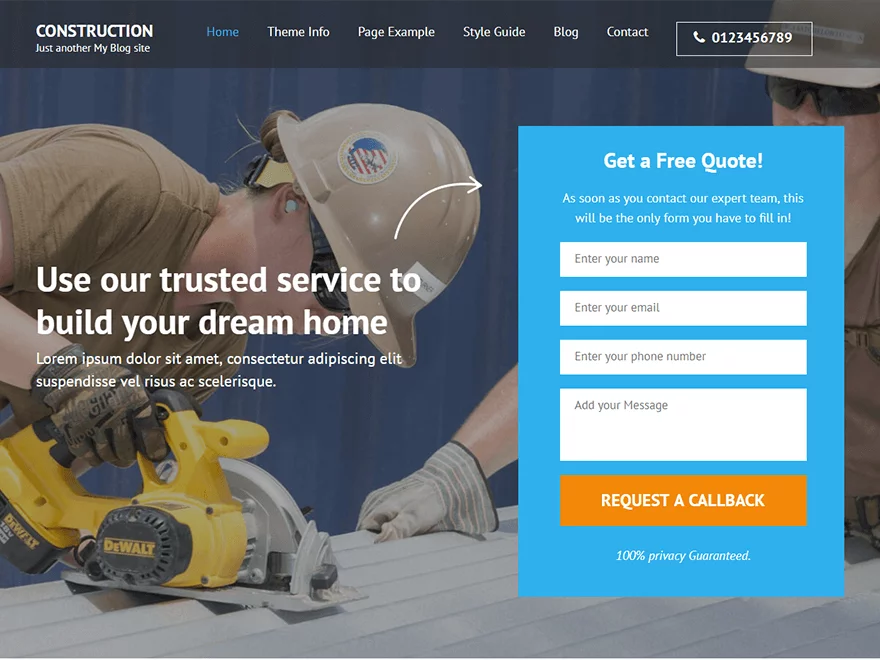 Construction Landing Page - Best Free Landing Page WordPress Themes